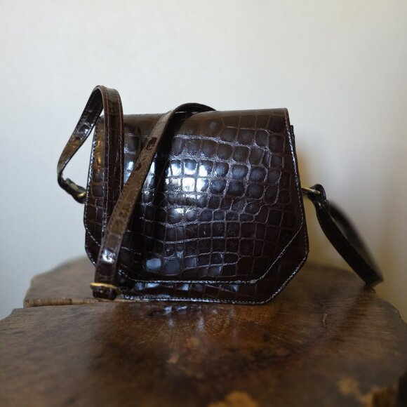 Vintage Made in Italy Croc Embossed Brown Leather Crossbody Bag Brass Hardware - Picture 12 of 16